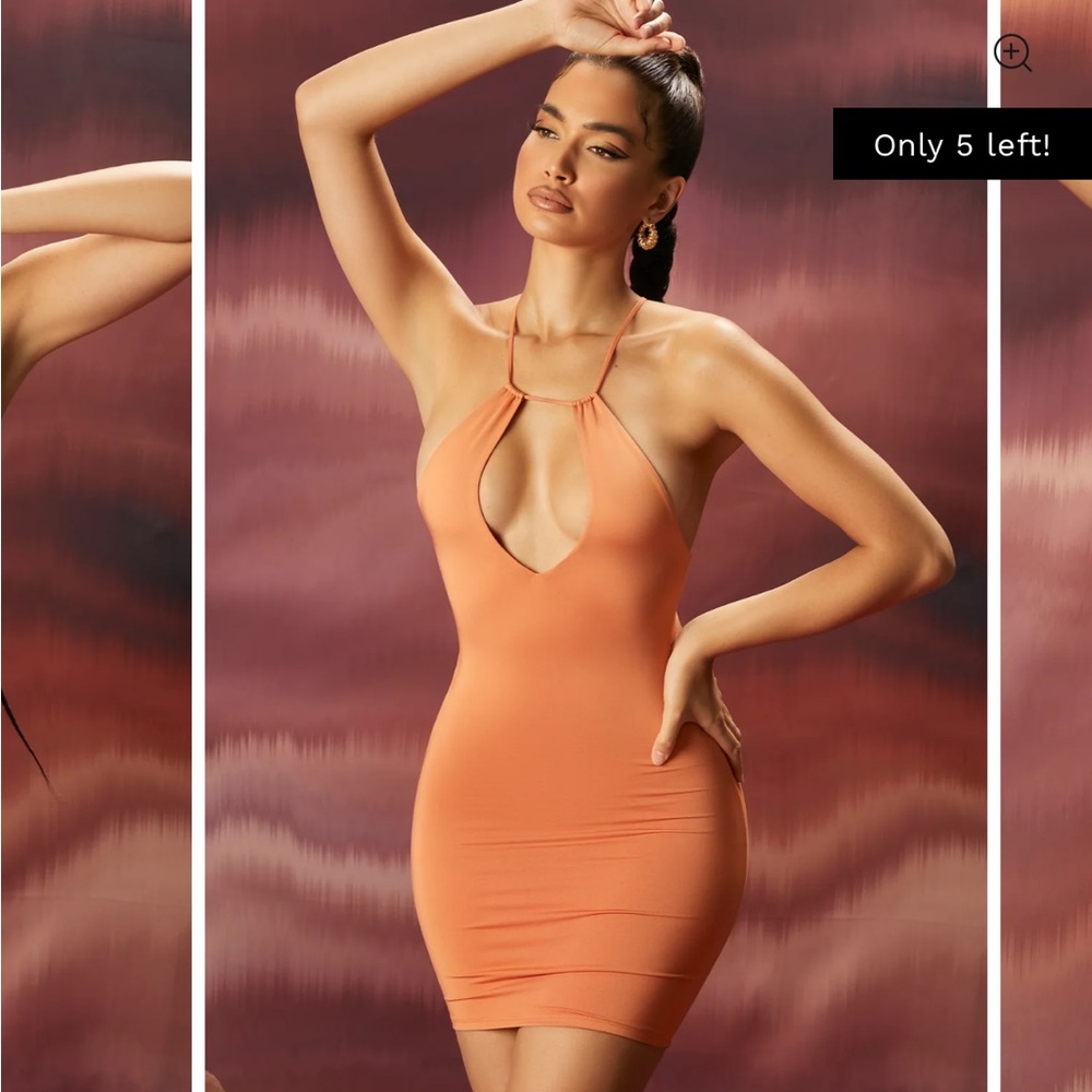 Oh Polly. Multi strap Key Whole Mini Dress in Caramel.